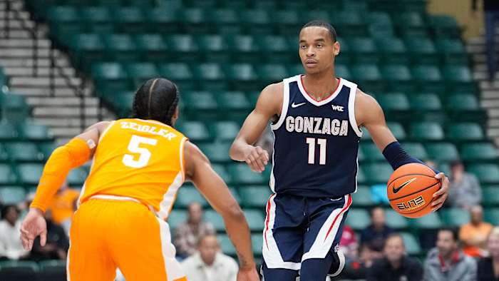 Gonzaga’s Nolan Hickman dribbles vs. Tennessee
